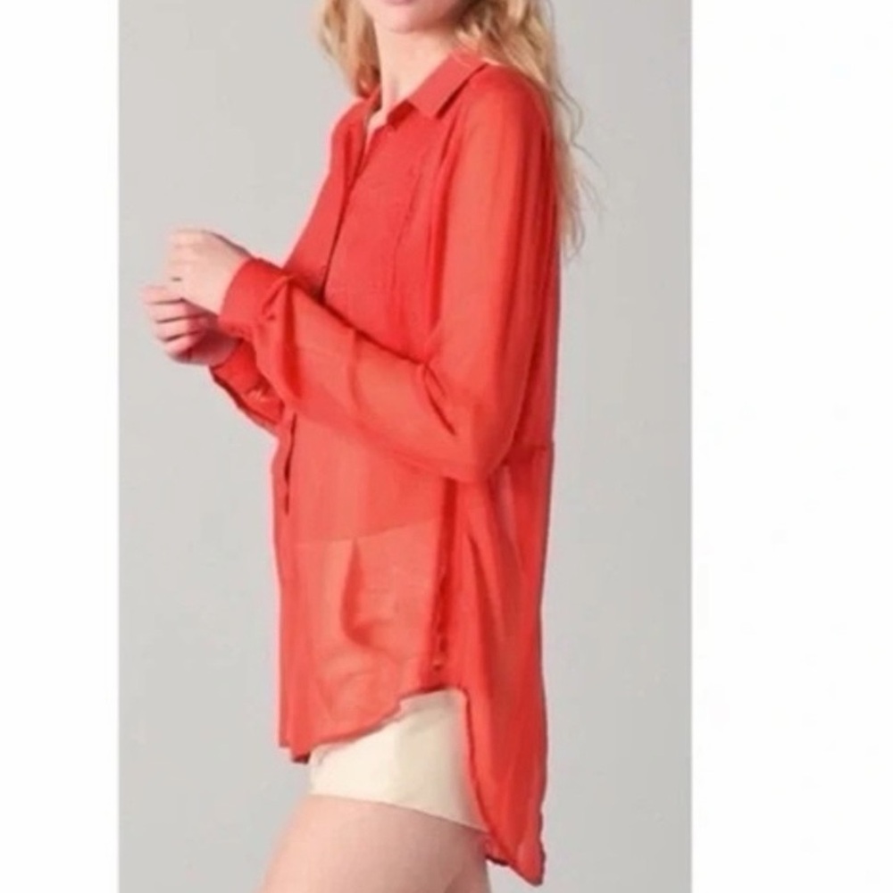 Free People Best of Both Worlds Women's Sheer Coral Button-Up Blouse